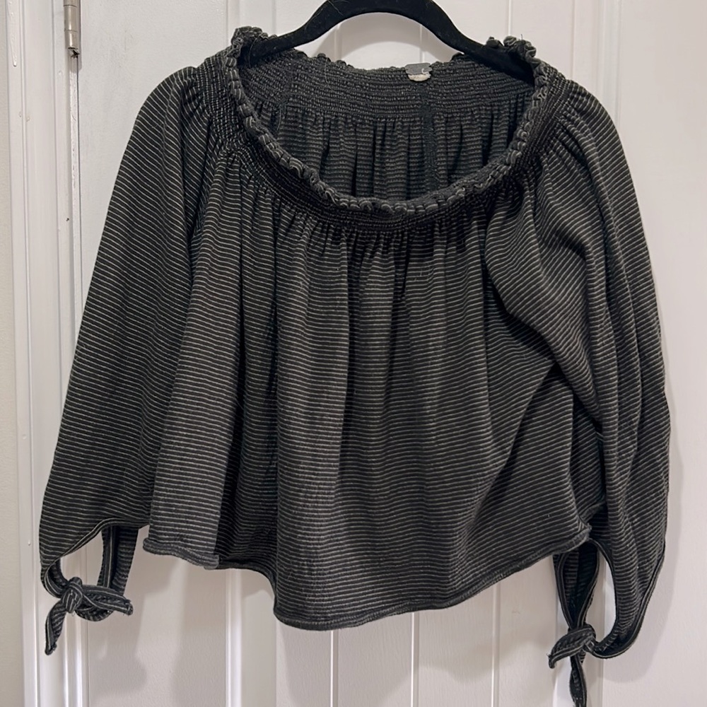 We the Free Black and tan striped on or off shoulder long sleeve blouse w ties